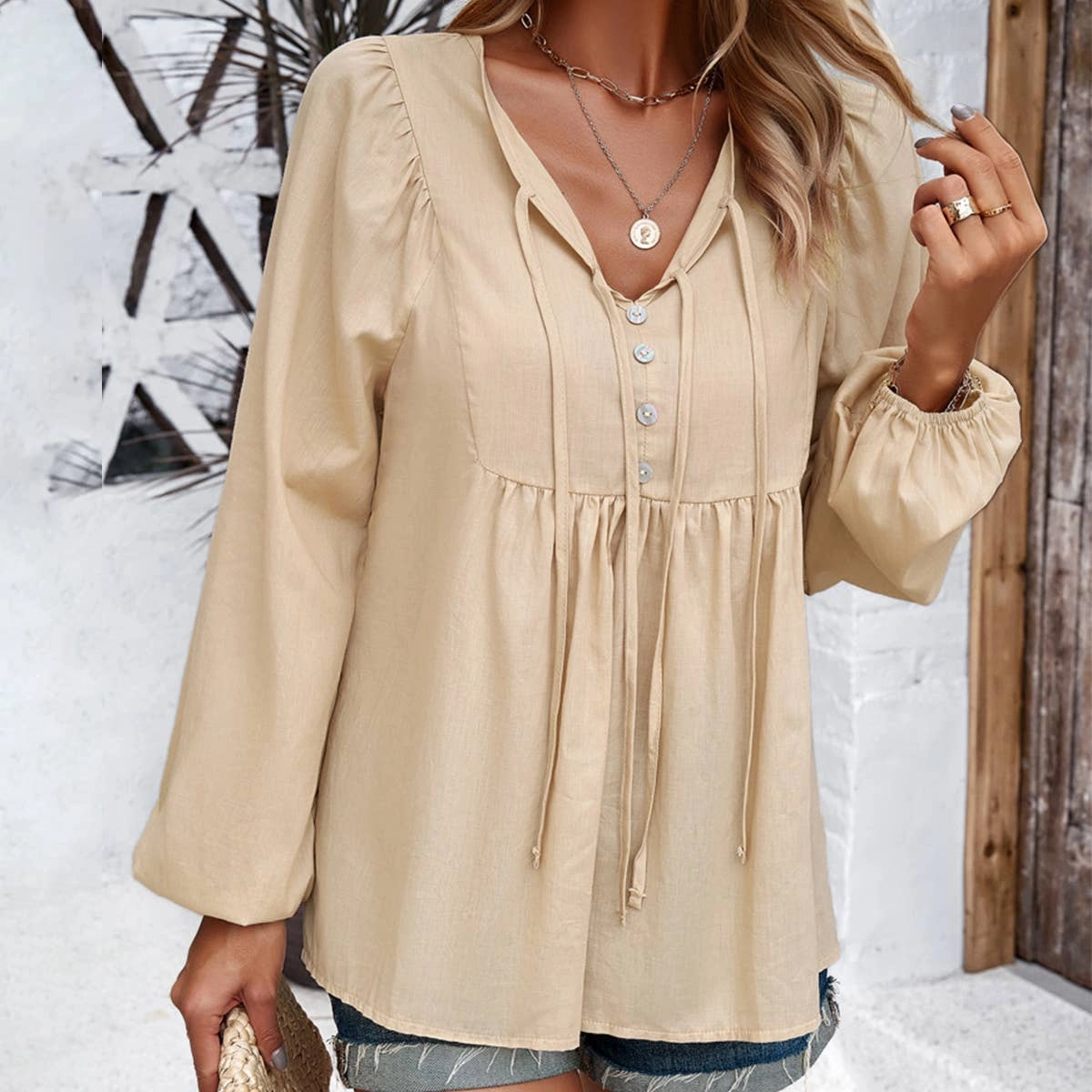 Microfiber Technology Stretchable Neckline COTTON WICKING V COLLAR BLOUSE_CWTBLL0779