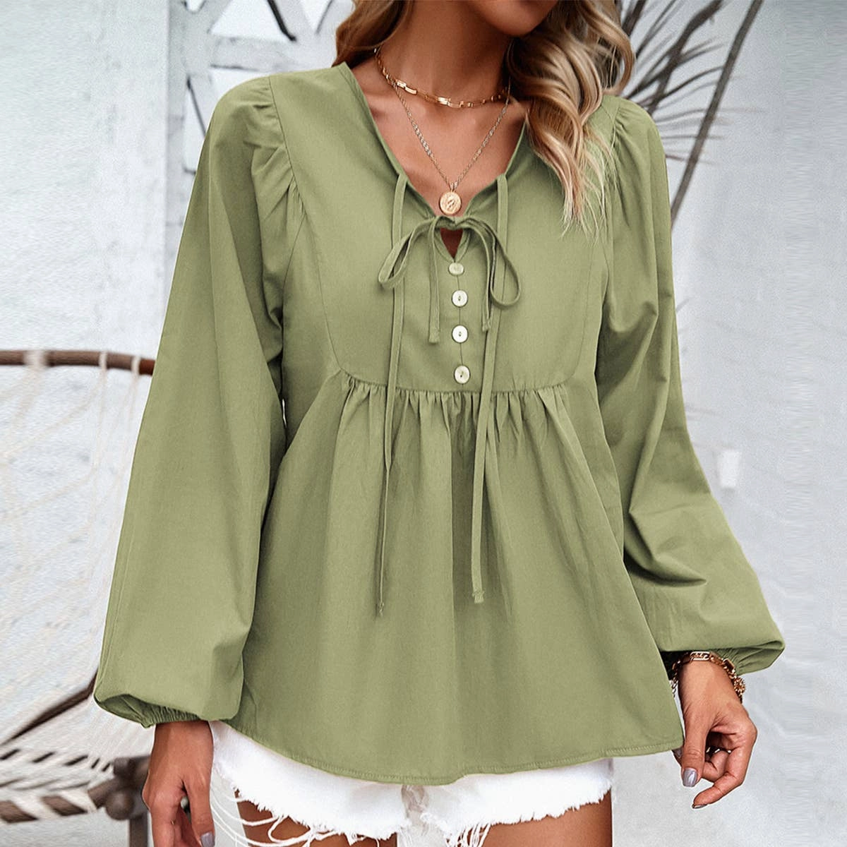 COTTON WICKING V COLLAR BLOUSE_CWTBLL0779 Taped Neckline Hygroscopic Inner Layer