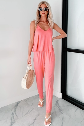 Winter Layer Relaxed Tee Fields Of Fancies Sleeveless Slim Leg Jumpsuit (Coral)