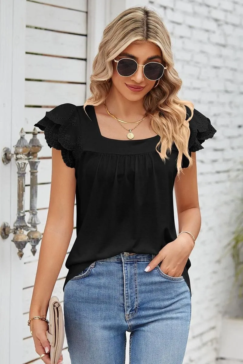 PUNCHING LACE ANGEL SLEEVE SQUARE NECK TUNIC TOP RecycledBlend Elegant Cut