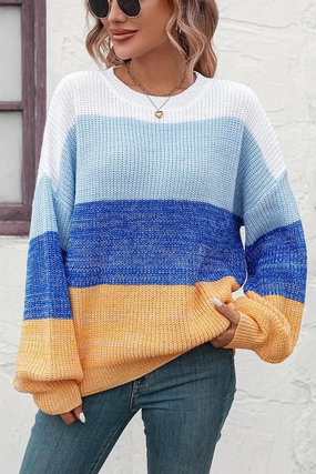 WOMEN RIBBED CREW NECK COLOR BLOCK SWEATER BondedShoulder