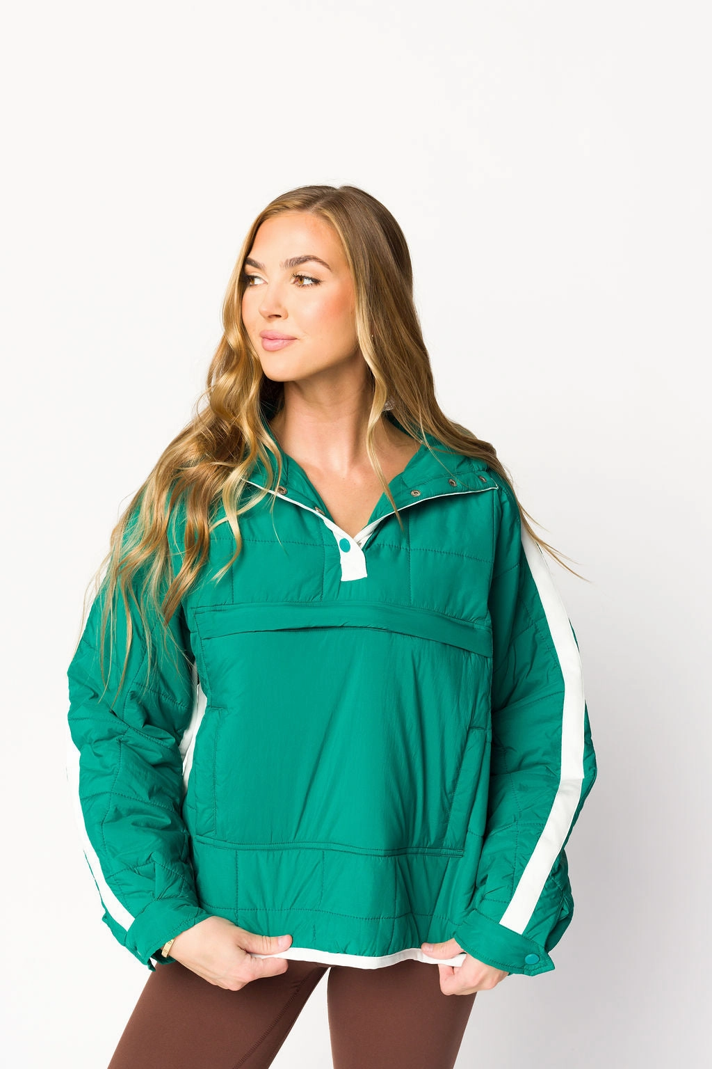 Seamless construction Joanna Quilted Puffer Pullover in Hunter Green/White *Final-Sale*