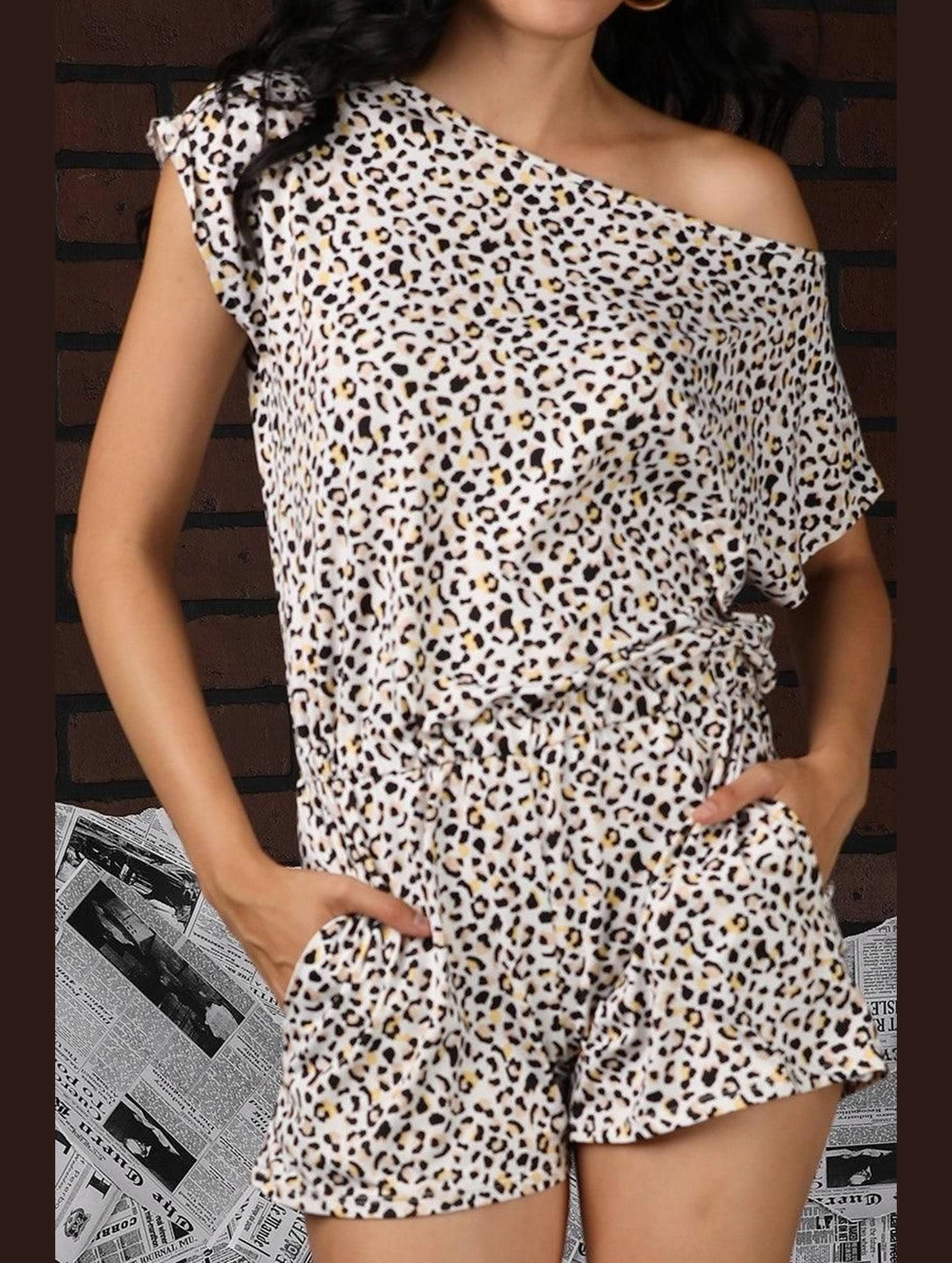 Quick Dry Material Bohemian style OFF SHOULDER ELASTIC WAIST ROMPER