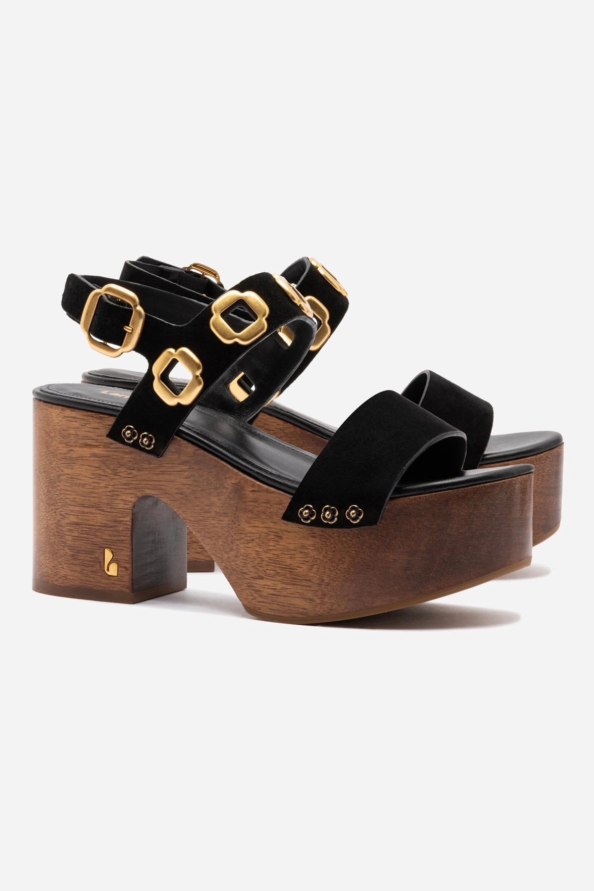 Miso Wooden Platform Sandal In Black Suede Posture Aligning Footbed