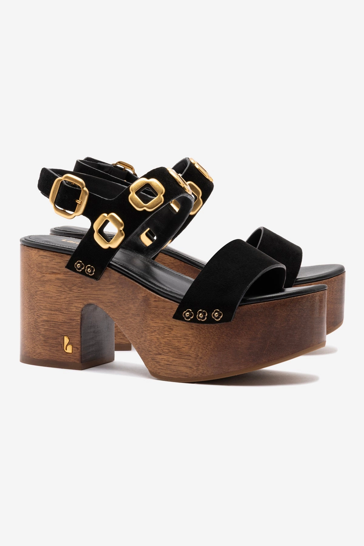 Miso Wooden Platform Sandal In Black Suede Flexible Sole