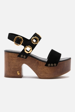 Miso Wooden Platform Sandal In Black Suede Dry Base