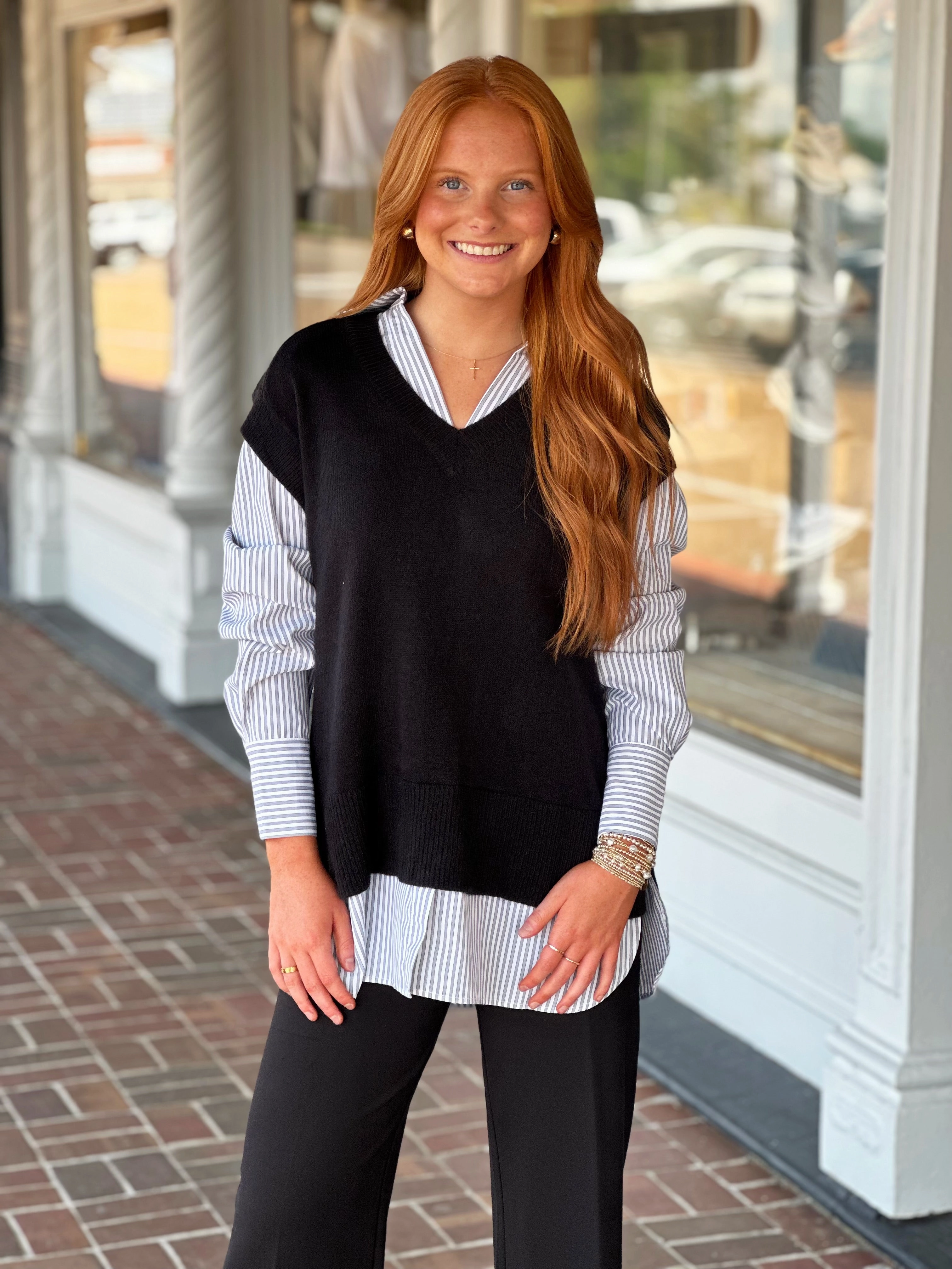 On The Move Black Stripe Sweater MultiLayer Stitching