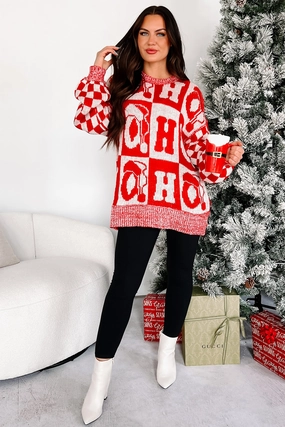 On The Nice List Checkered Sleeve Holiday Sweater (Red) Drop Shoulder Silhouette NoiseReduciting Zipper