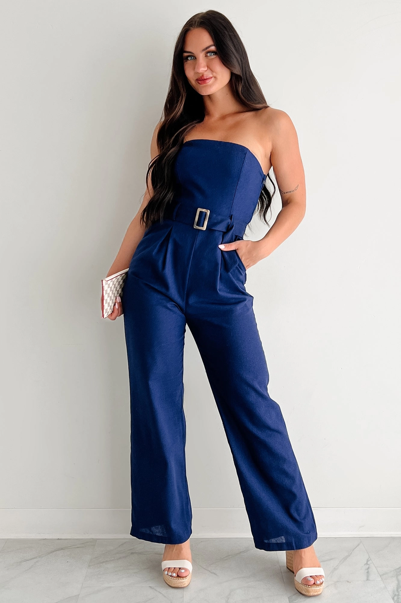 Flatlock Seams StretchFabric One More Page Strapless Belted Jumpsuit (Navy)