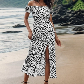 Animal print one line collar dress_CWDMD1477 Polished office dress DurableStitching