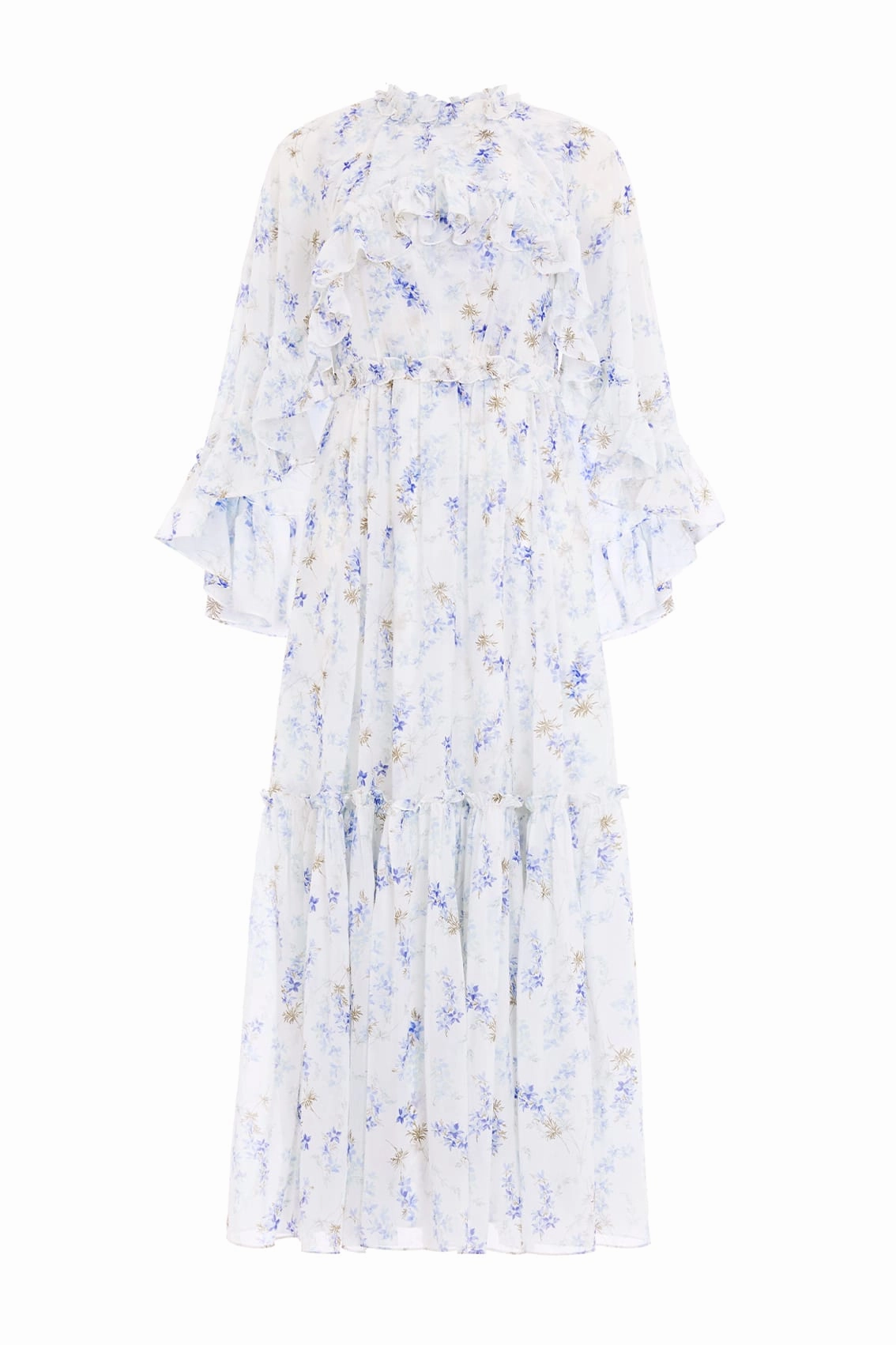 Balloon-Sleeve Ophelia Ditsy Harper Chiffon Cape Ankle Gown