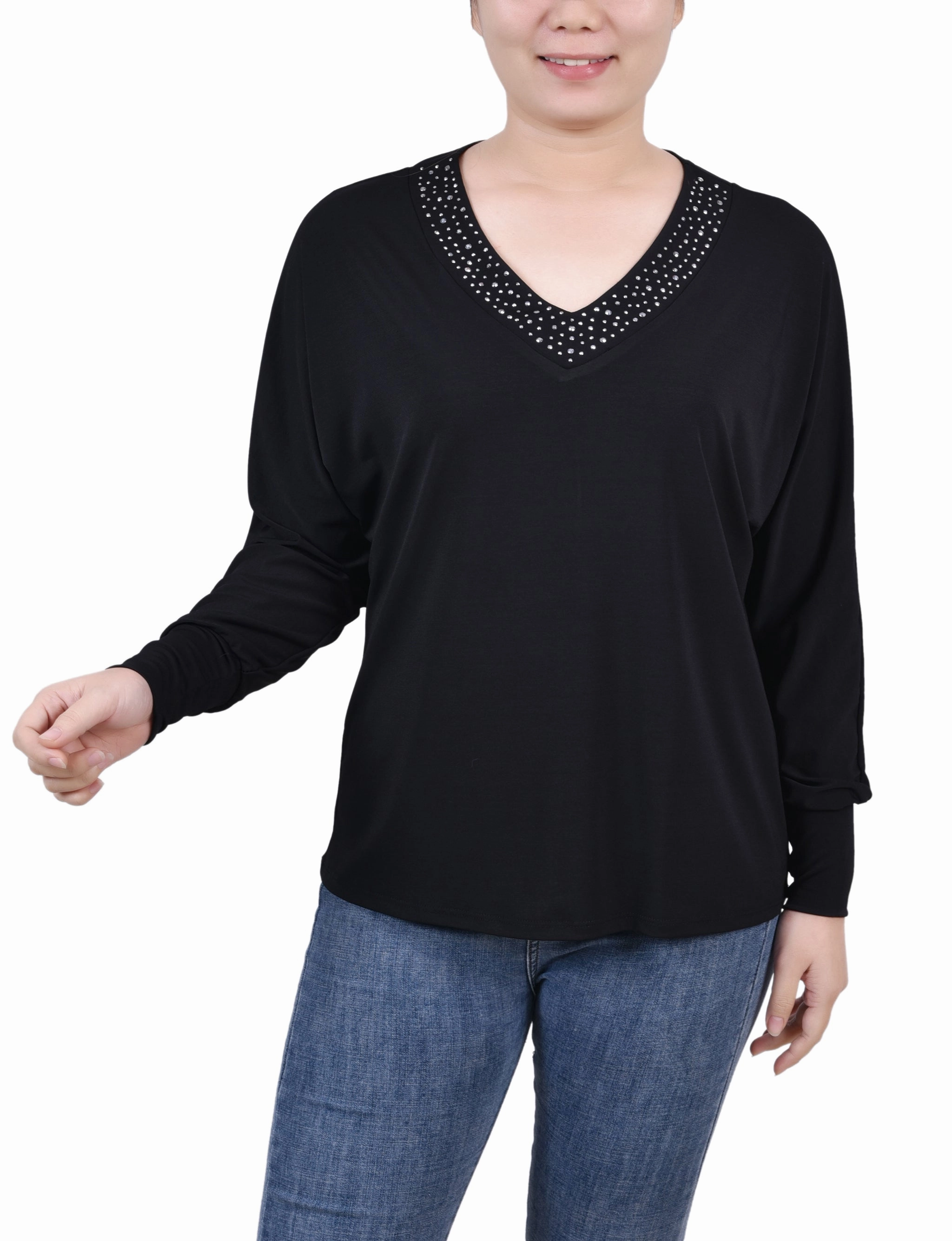 UV Protective Layer Petite Long Sleeve Studded Top