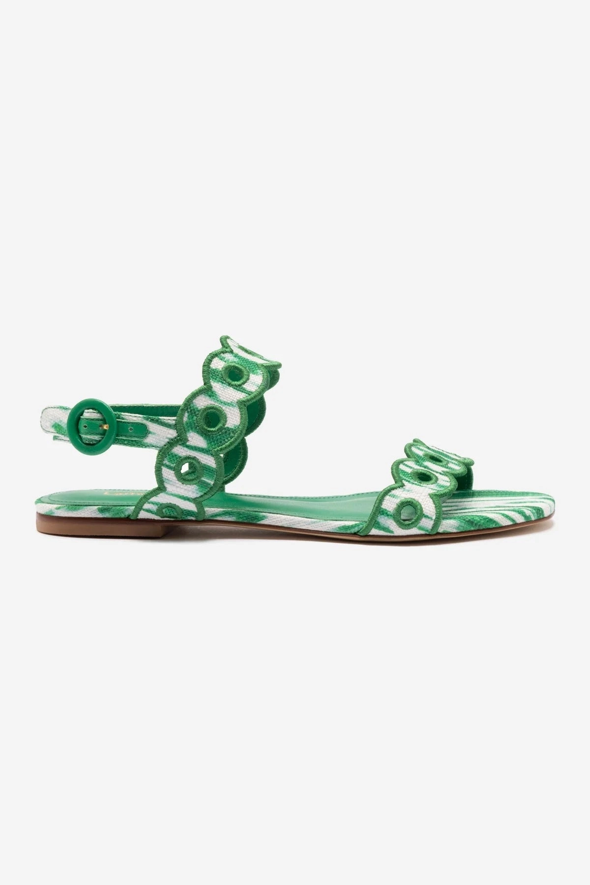 Florence Broderie Flat Sandal In Tie Dye Evergreen Raffia Hero Edge Easy Fasten System