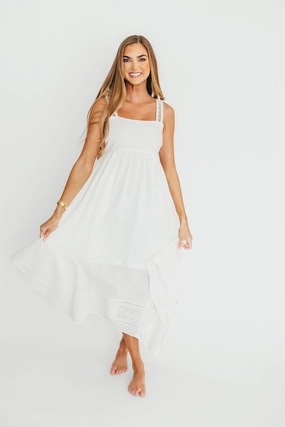 Basic essential Soft Drape Palmer Asymmetrical Hem Midi Dress in White *Final-Sale*
