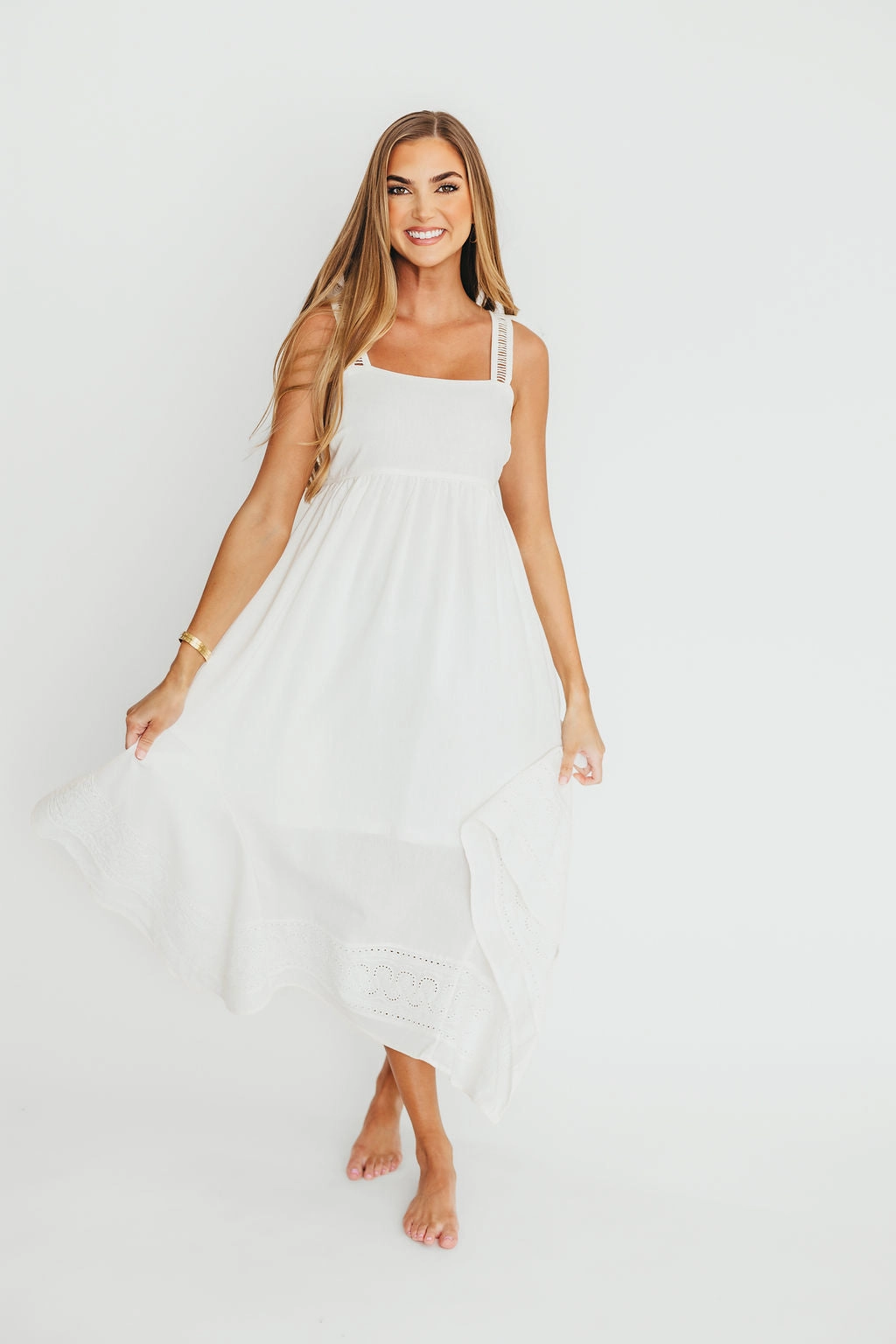 Basic essential Soft Drape Palmer Asymmetrical Hem Midi Dress in White *Final-Sale*