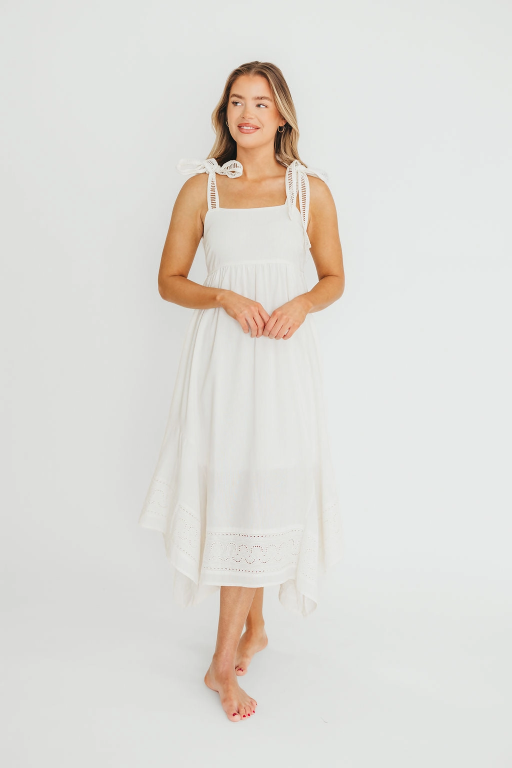 Palmer Asymmetrical Hem Midi Dress in White *Final-Sale* Fluid Cut Stylish and Comfortable