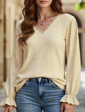 WOMEN LACE TRIM NECK EYELET LONG SLEEVE SHIRT TOP Activewear Top