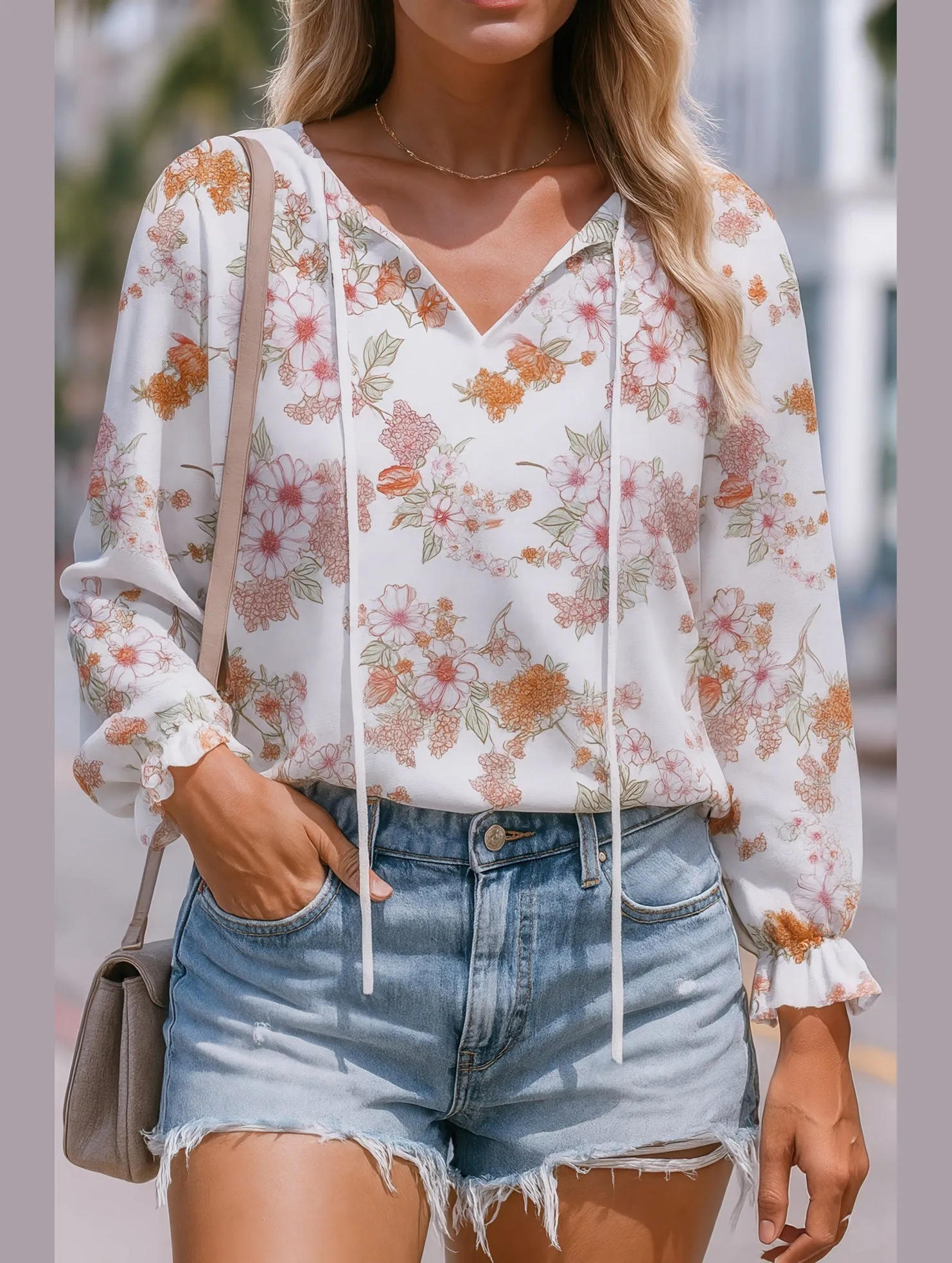 Minimalist Collar Floral Printed V-Neck Shirt ??Lightweight Elegant Women's Top