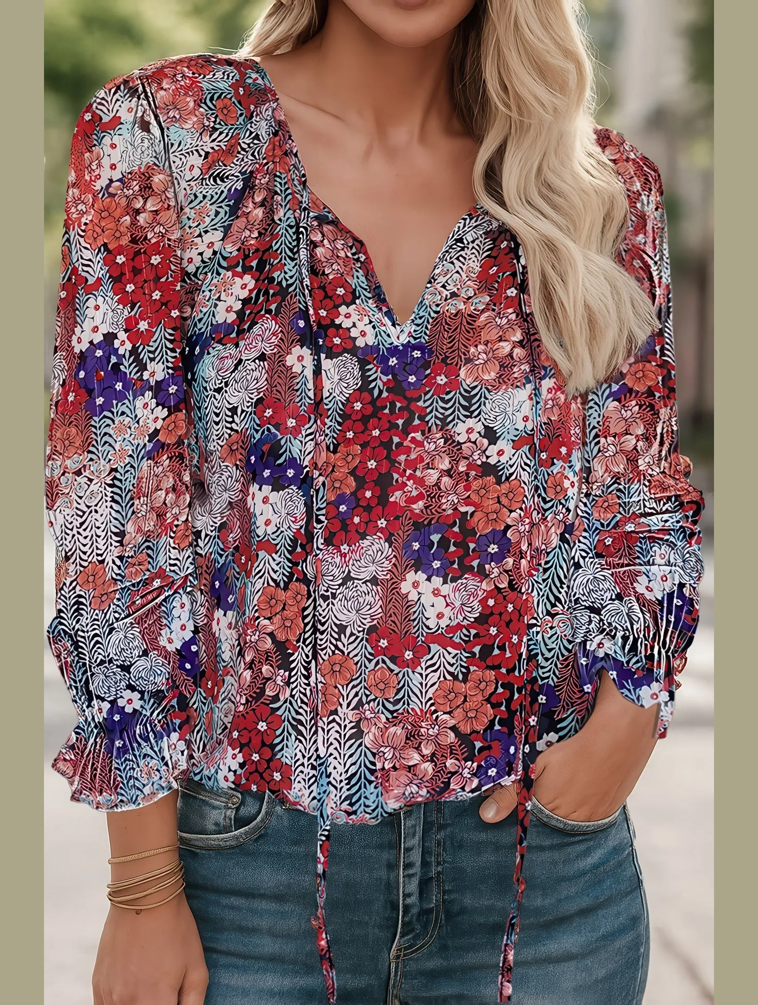 Floral Printed V-Neck Shirt ??Lightweight Elegant Women's Top Summer Wardrobe