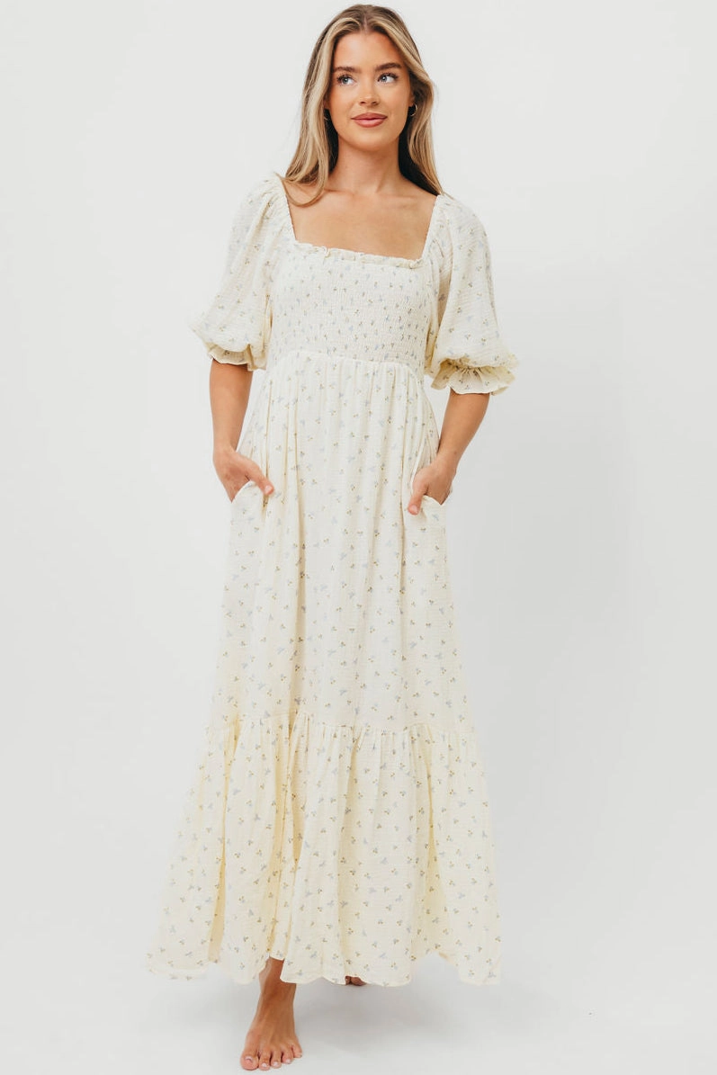 Livvy 100% Cotton Maxi Dress in Petite Blue Floral -Bump Friendly & Inclusive Sizing Work Chic Chic and Flattering