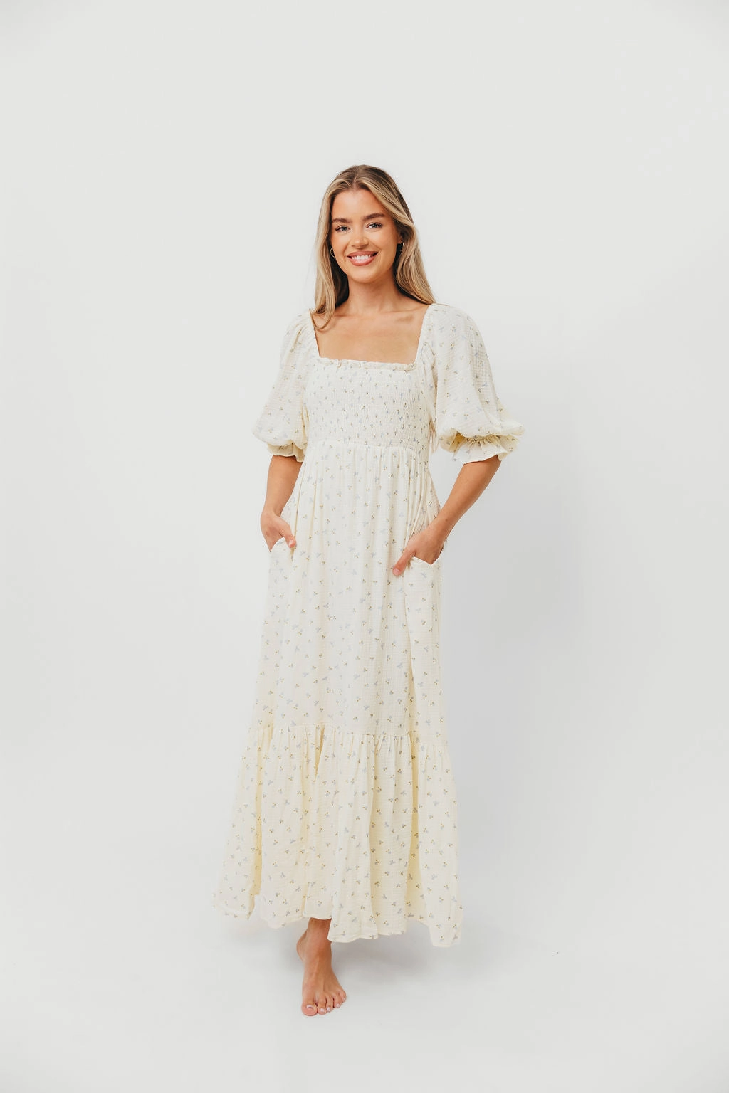 Youthful Style Trendy Vibes Livvy 100% Cotton Maxi Dress in Petite Blue Floral -Bump Friendly & Inclusive Sizing