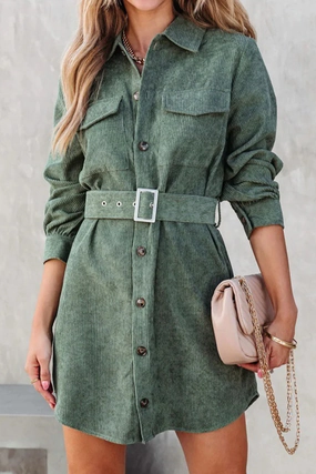 WOMEN BUTTON DOWN CORDUROY BELTED SHORT DRESS Simple yet chic gown Lace-Trim