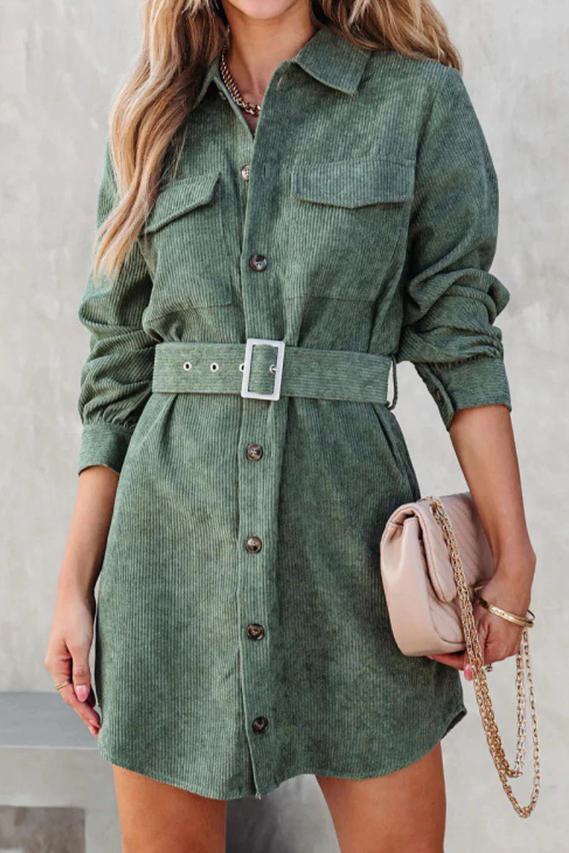 Romantic Mood travel mode WOMEN BUTTON DOWN CORDUROY BELTED SHORT DRESS