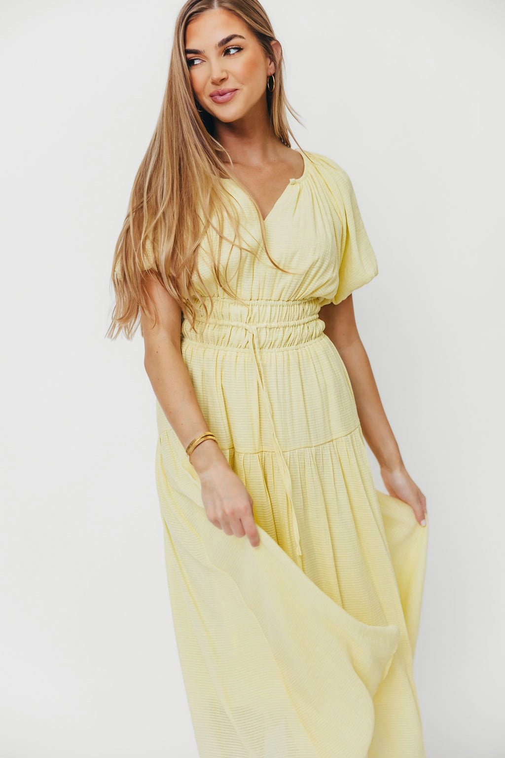 Empire-Waist Pamela Elegant Tiered Maxi Dress in Light Yellow *Final-Sale*