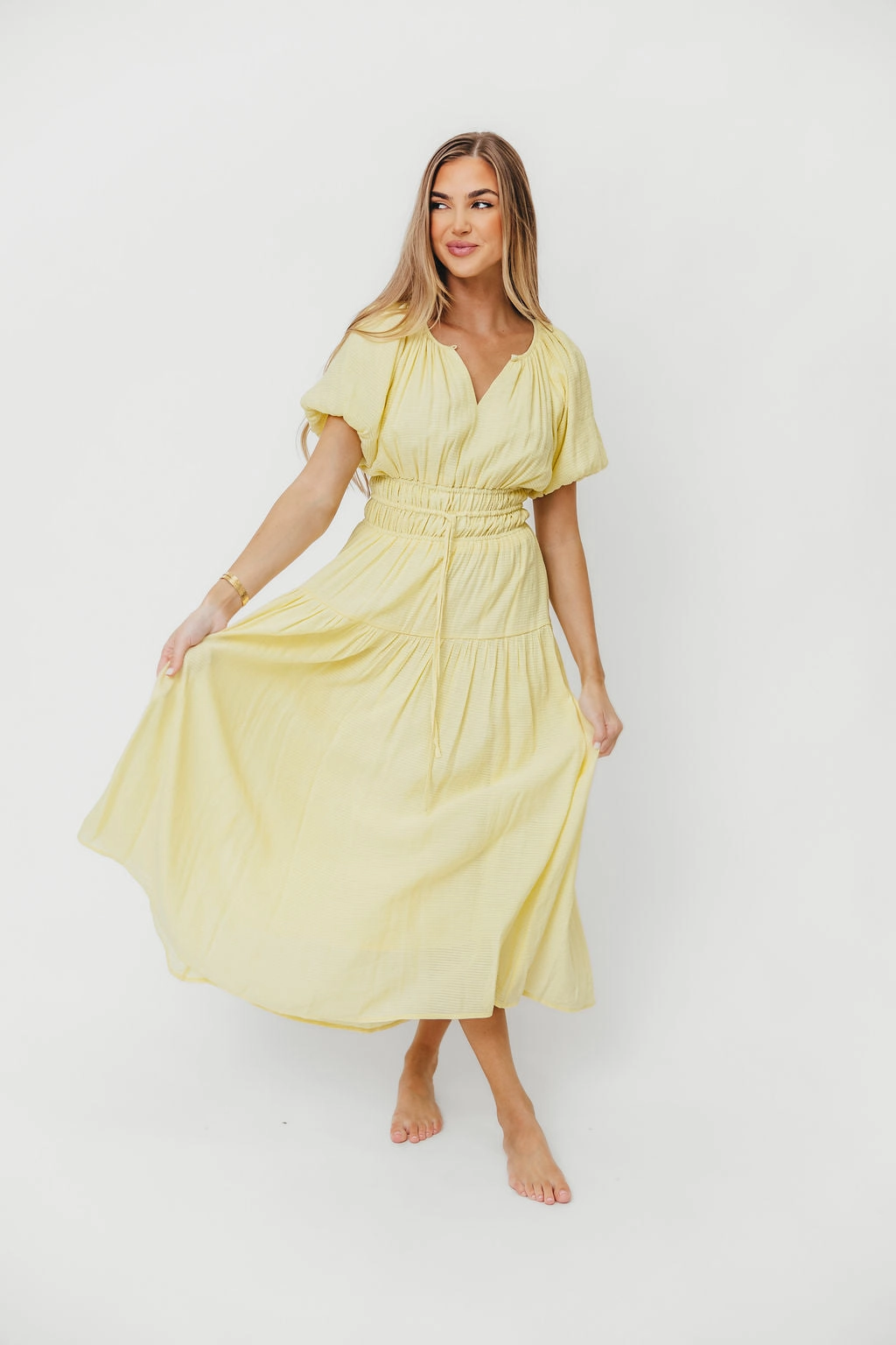 Pamela Elegant Tiered Maxi Dress in Light Yellow *Final-Sale* Hand-Wash Panelled-Design