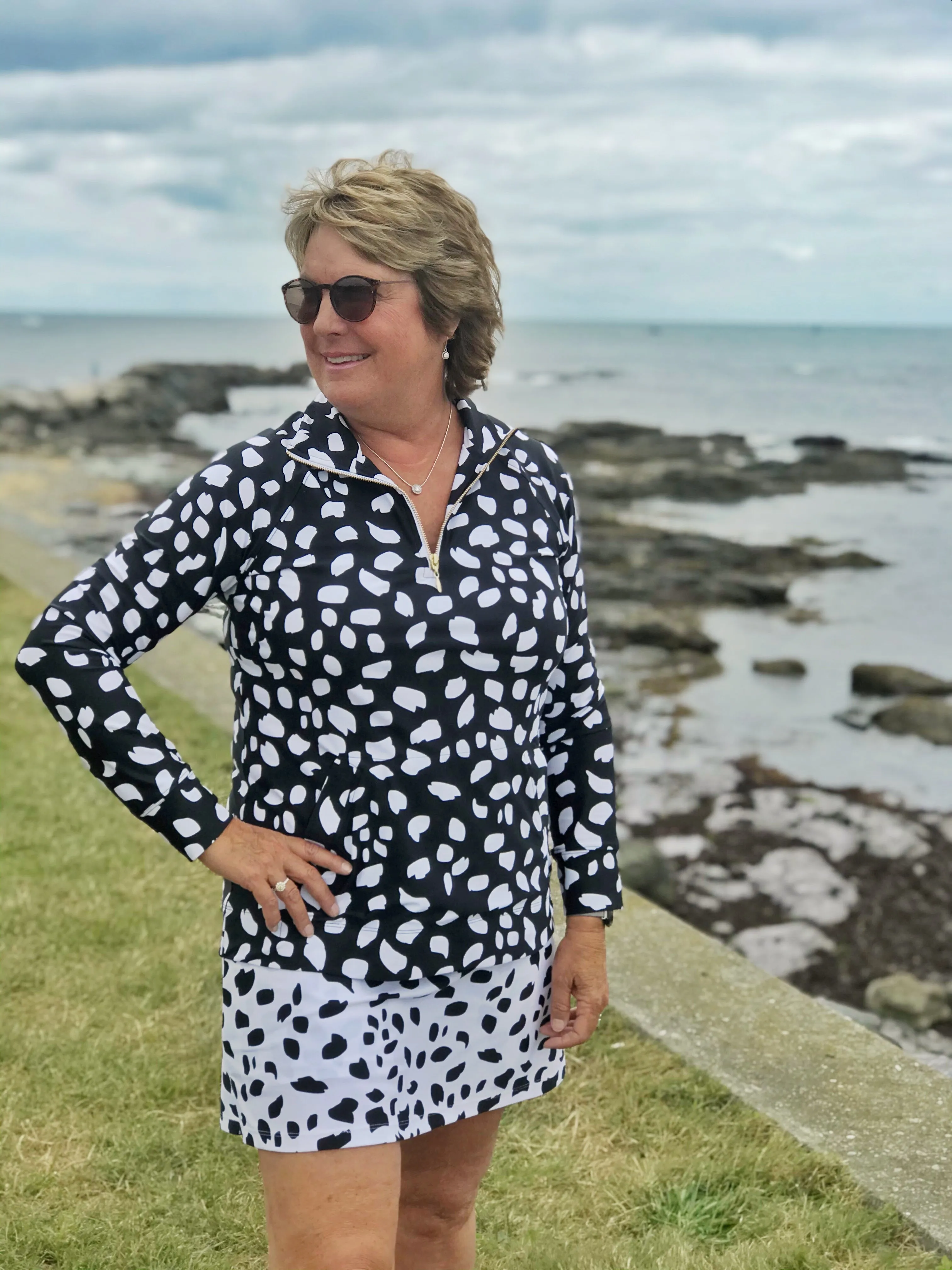 Parker Pullover Diana's Dot Black/White Sporty Style Ribbed Knit Fabric