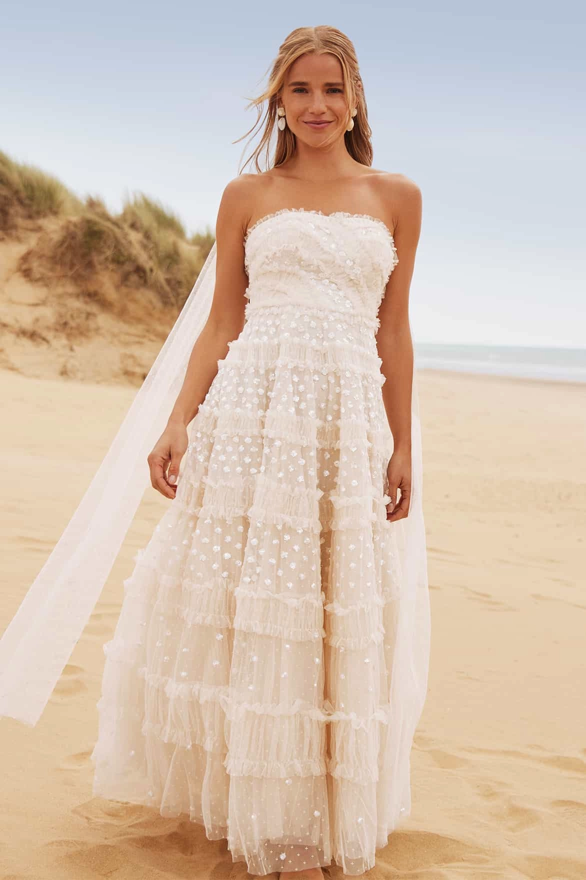 Flattering Design Elegant Fabric Dot Shimmer Tiered Strapless Ankle Gown