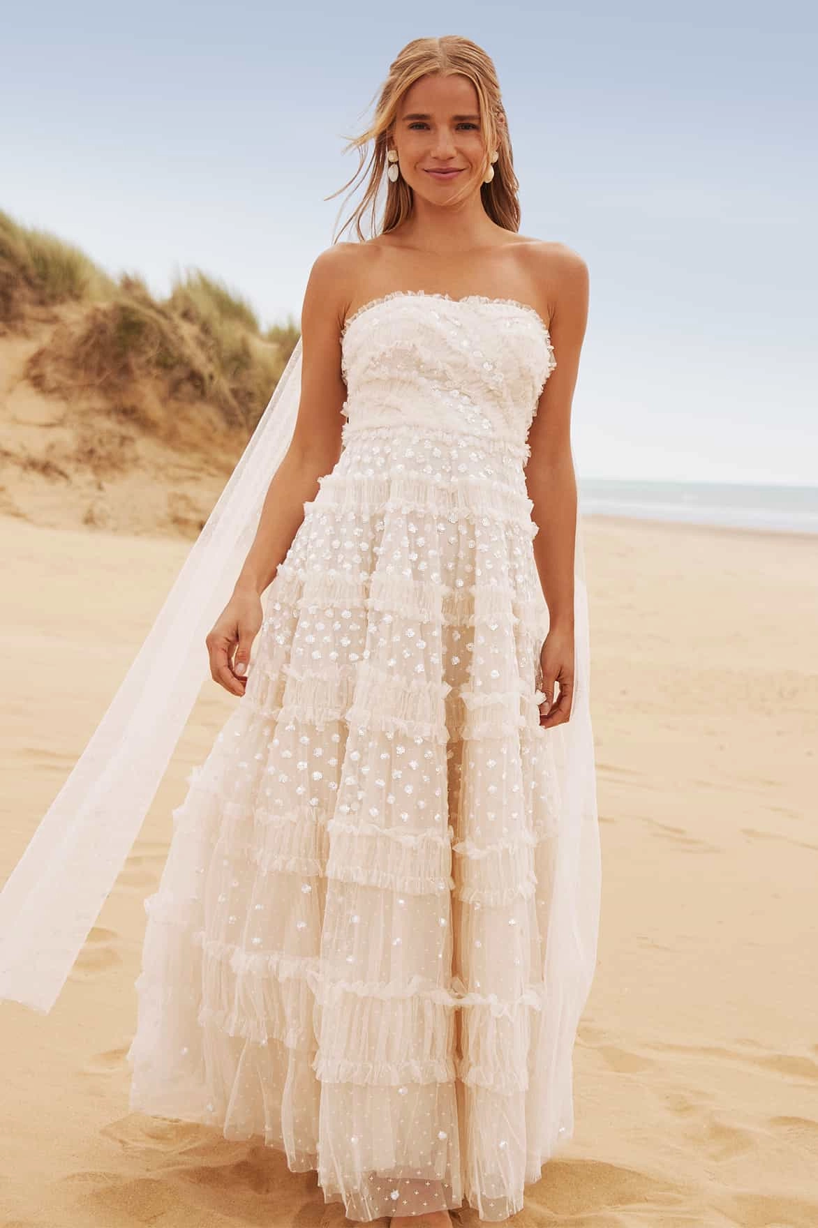 Dot Shimmer Tiered Strapless Ankle Gown Trendy Appearance