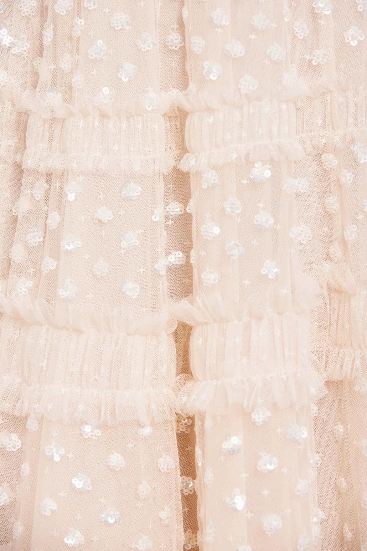 Rose Soft Dot Shimmer Tiered Strapless Ankle Gown