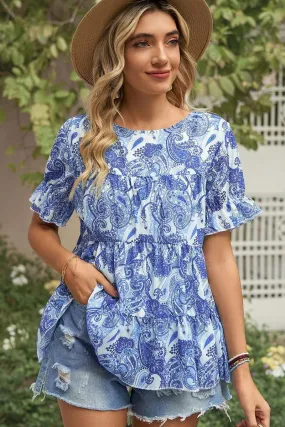 PATTERNED LOUND NECK CAKE CHIFFON TOP Two Tone Texture Effect