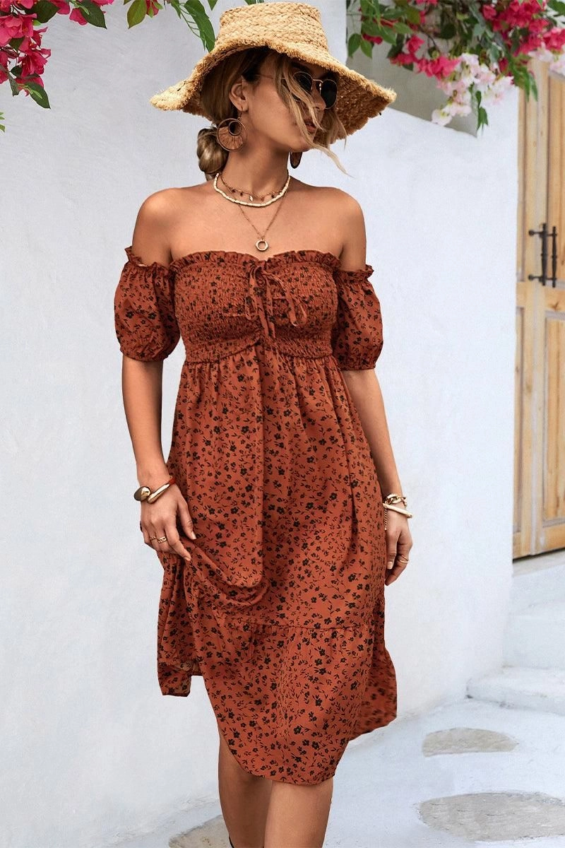 Relaxed Style Bold Structure PATTERNED OFF SHOULDER PUFF SLEEVE DRESS