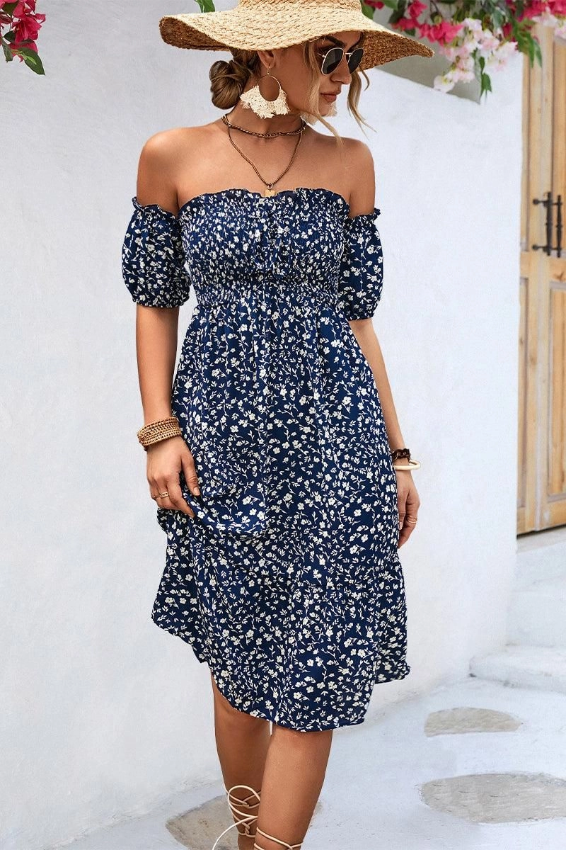 Chic Tone Shade Soft PATTERNED OFF SHOULDER PUFF SLEEVE DRESS