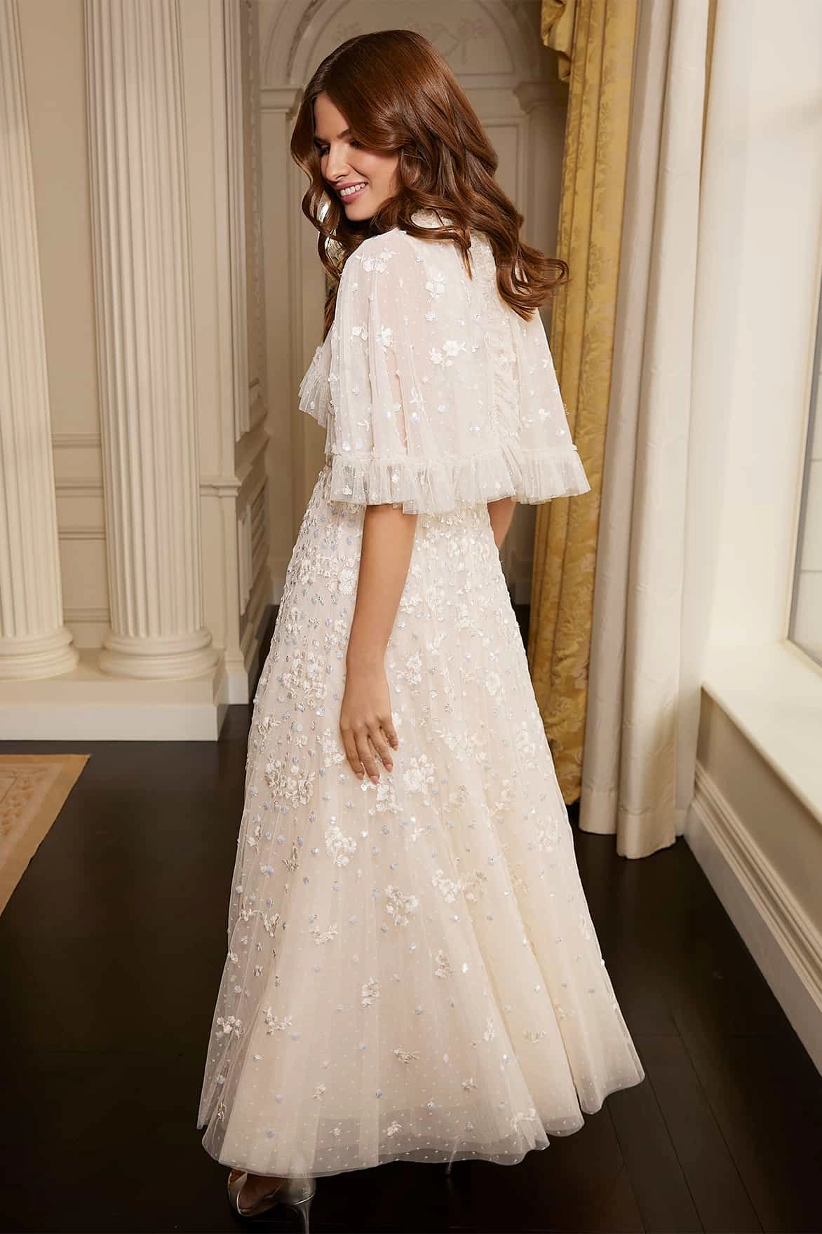 Playful printed gown Dahlia Ditsy Short Cape Ankle Gown