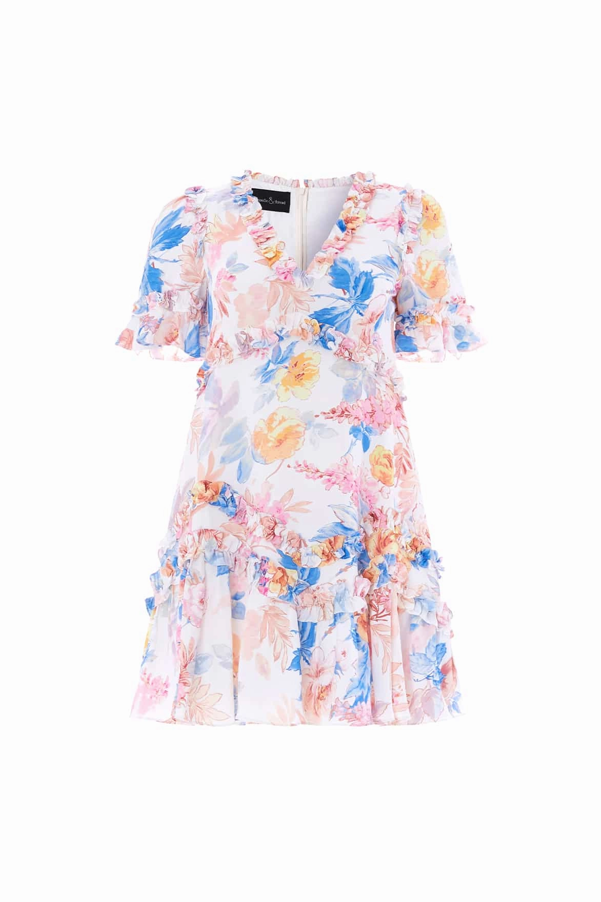 Mariannes Floral Satin V-Neck Micro Mini Dress Smooth Look City Layers