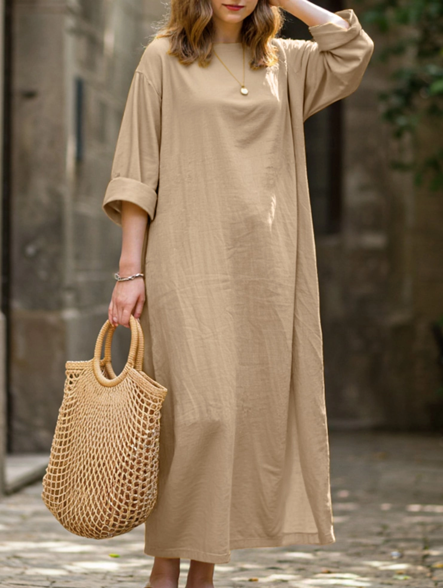 Lounge Mode Active Outfit Retro long-sleeved round neck loose dress