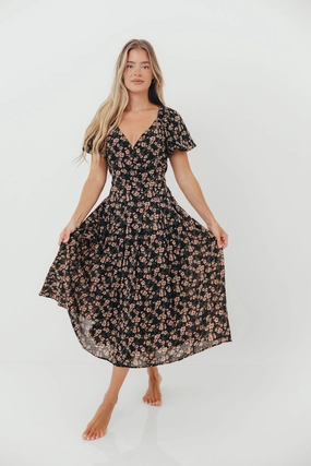 Durable-Fabric Clean Lines Milania Midi Dress in Black Floral