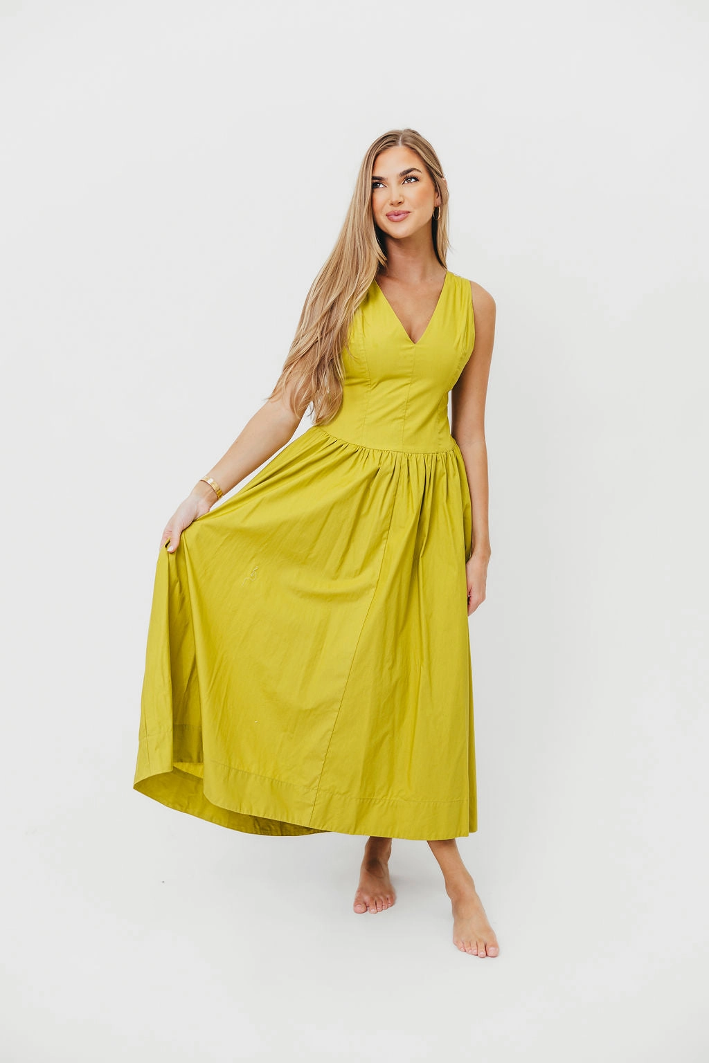 Cool Texture Invisible-Zip Cece 100% Cotton Bow Detail Woven Maxi Dress in Lemon Grass *Final-Sale*
