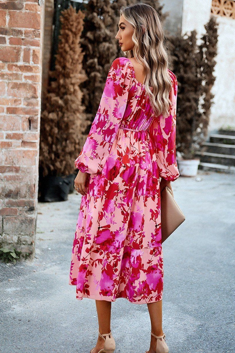 WOMEN FLORAL PATTERN SQUARE NECK MAXI DRESS Bell-Sleeve
