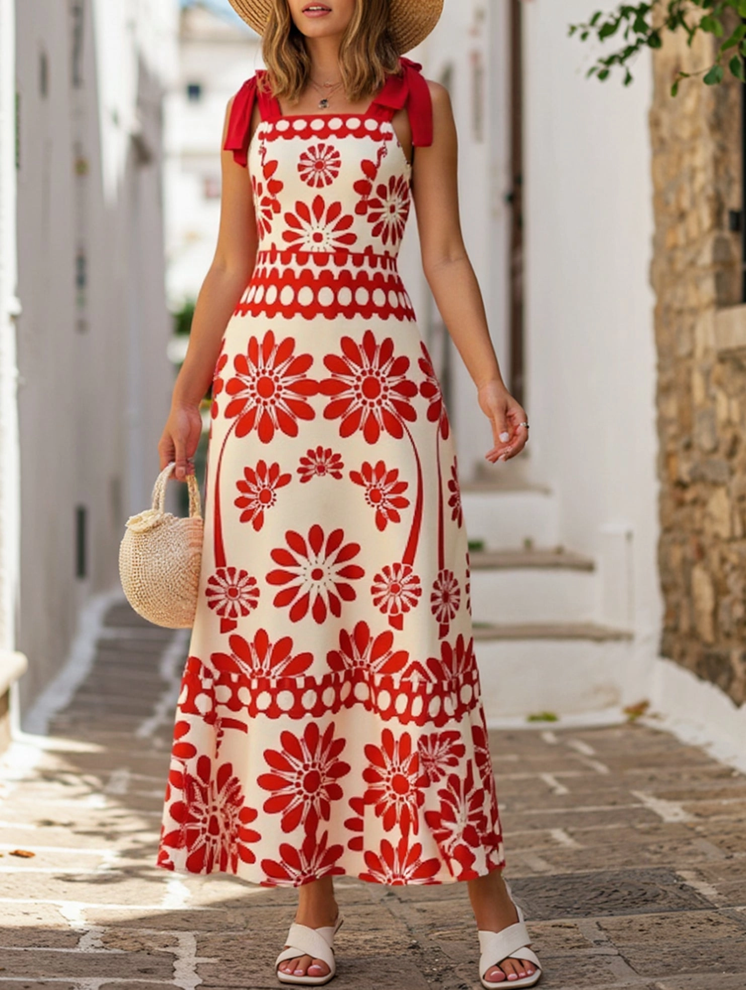 Puff-Sleeve Practical work-to-play piece Boho Chic Locked-Down Floral Strap Dress ??Sleeveless A-Line Summer Maxi Dress