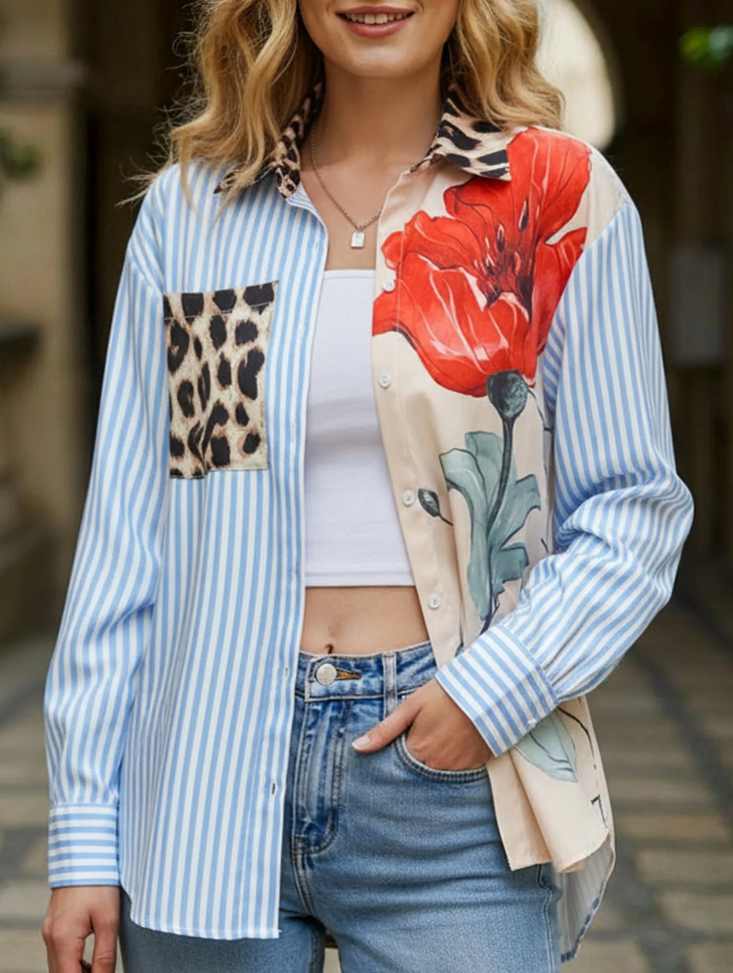 Personalized trendy striped patchwork shirt Soft touch finish