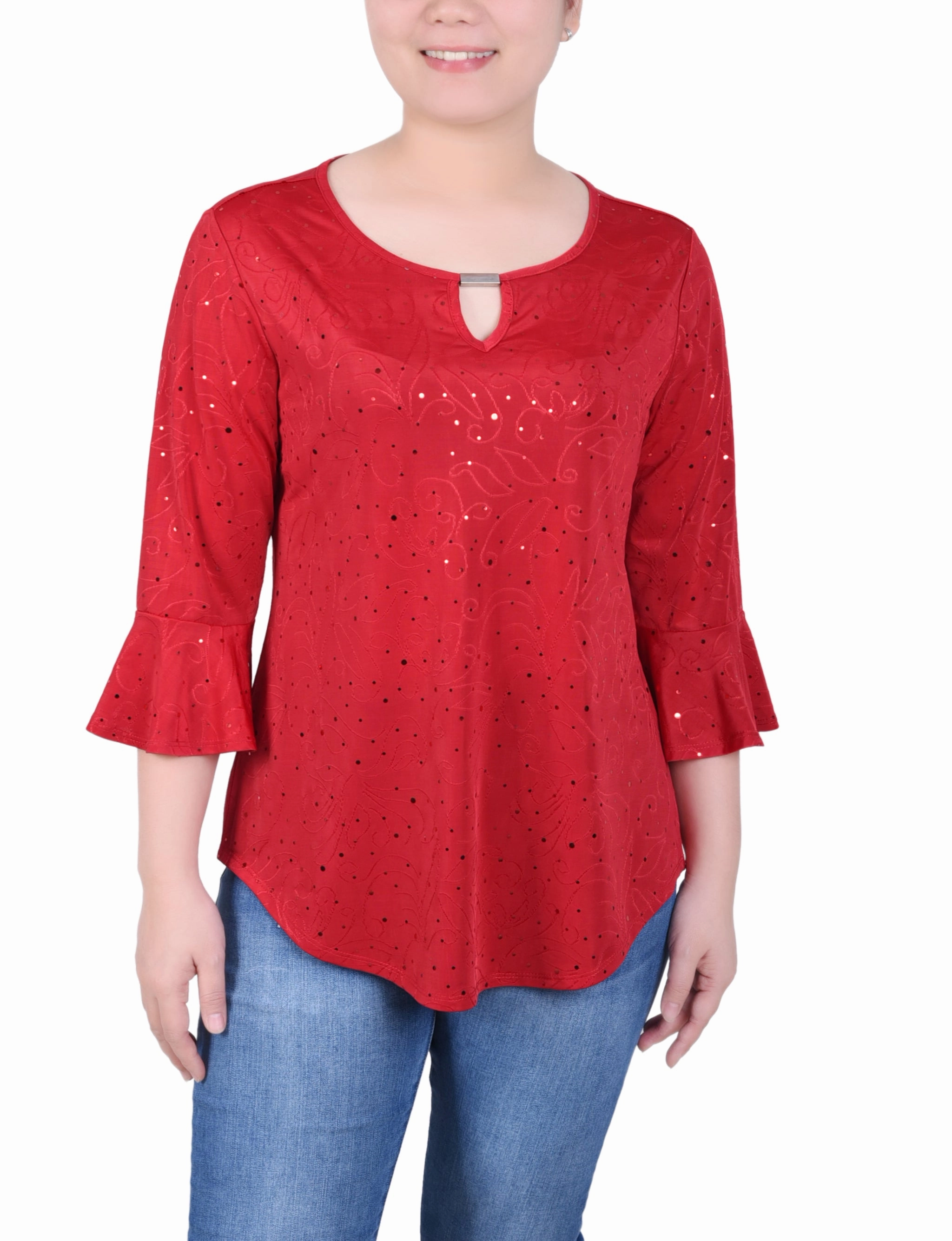 Petite 3/4 Bell Sleeve Top With Hardware AllPurpose Design