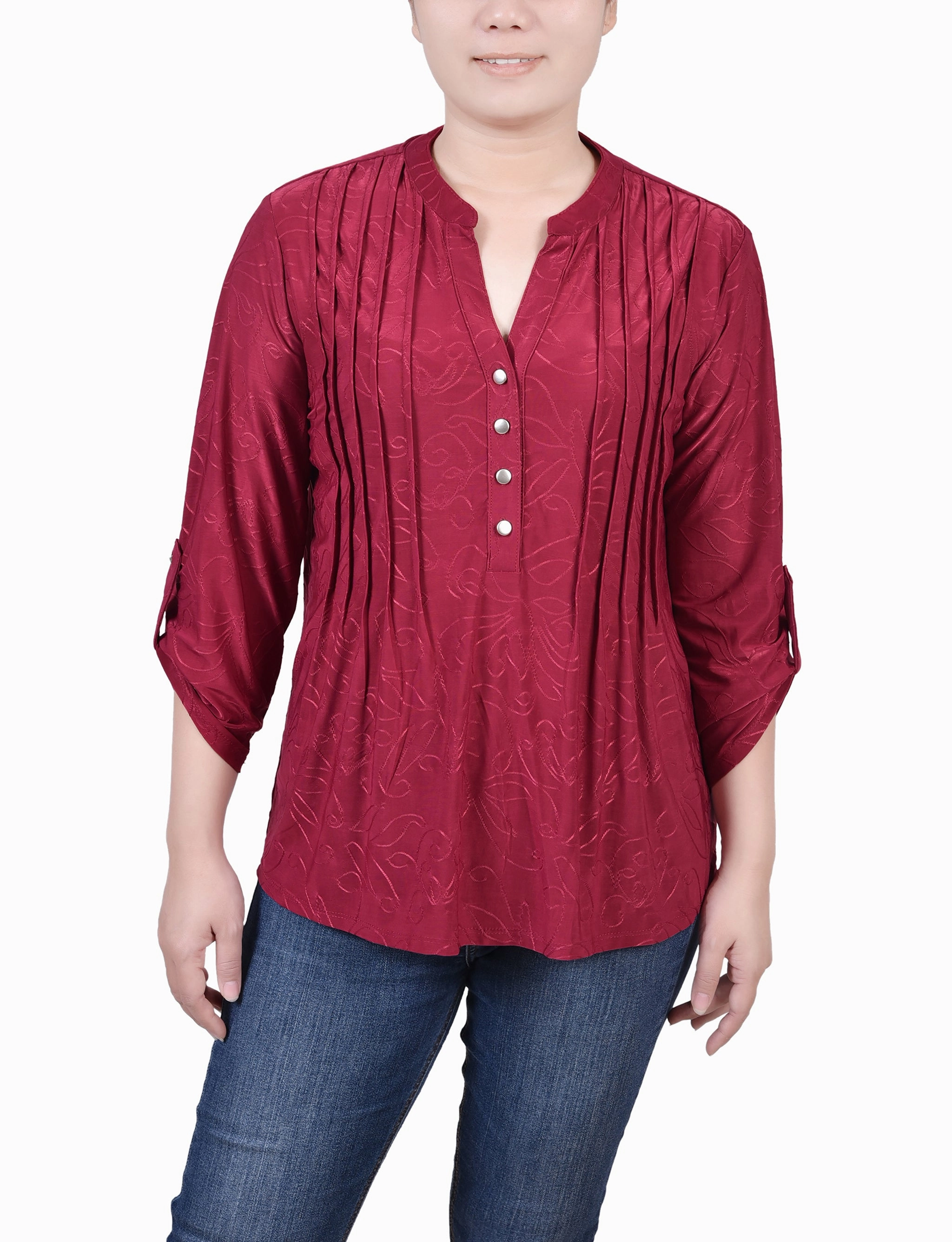 Petite 3/4 Roll Tab Pullover Top AdjustableHemCuffs