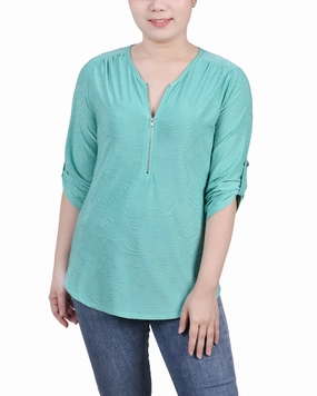 Petite 3/4 Roll Tab Zip Front Jacquard Knit Top HypoallergenicMaterial