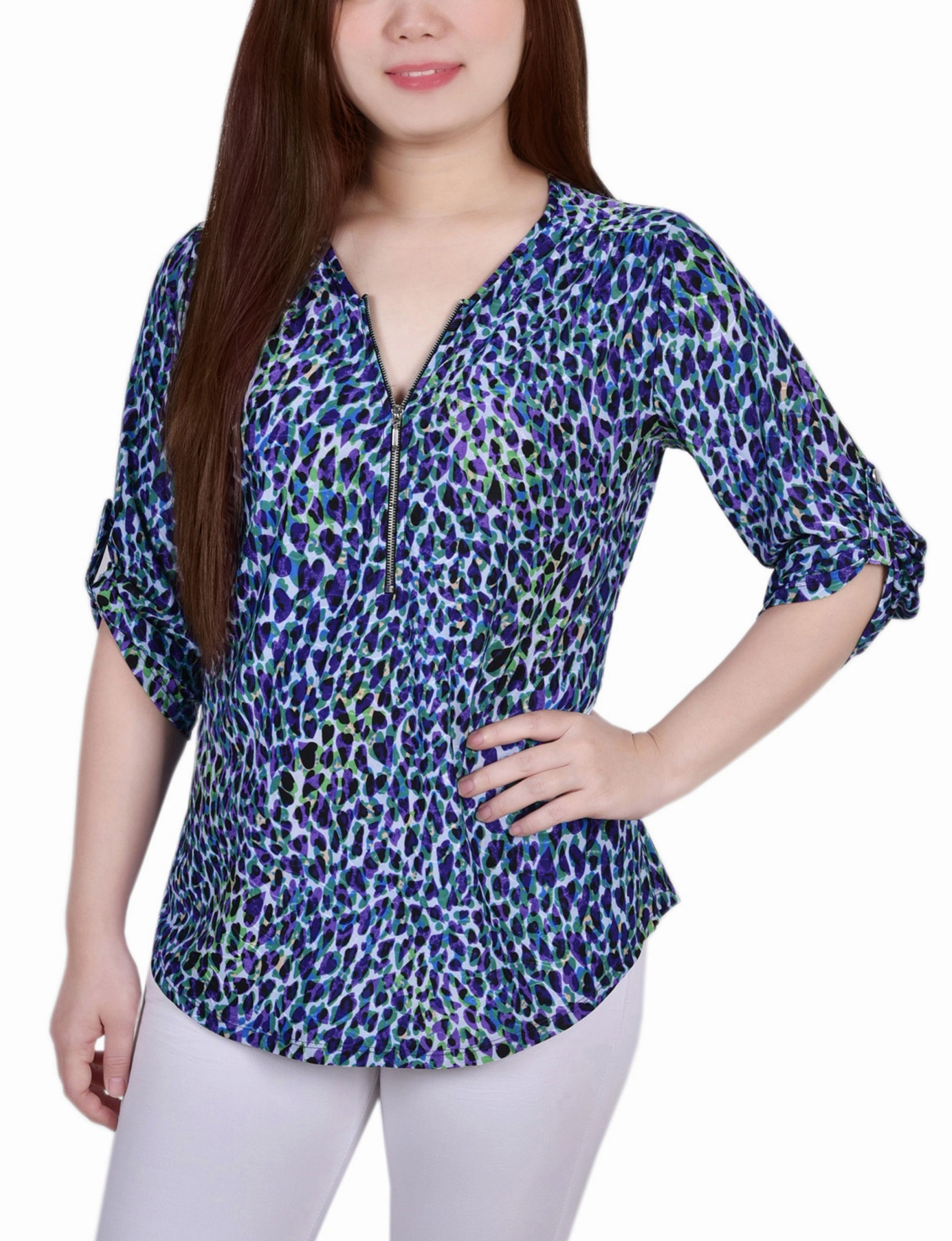 Petite 3/4 Roll Tab Zip Front Jacquard Knit Top Hidden Pocket Flexible Shoulder Gusset