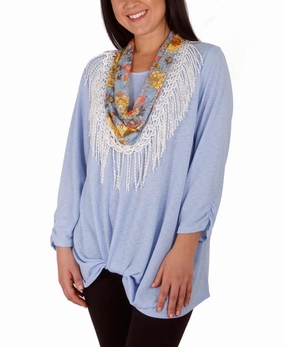 Petite 3/4 Rouched Sleeve Twist Front Top With Detachable Scarf Relaxed Silhouette Raglan Sleeve