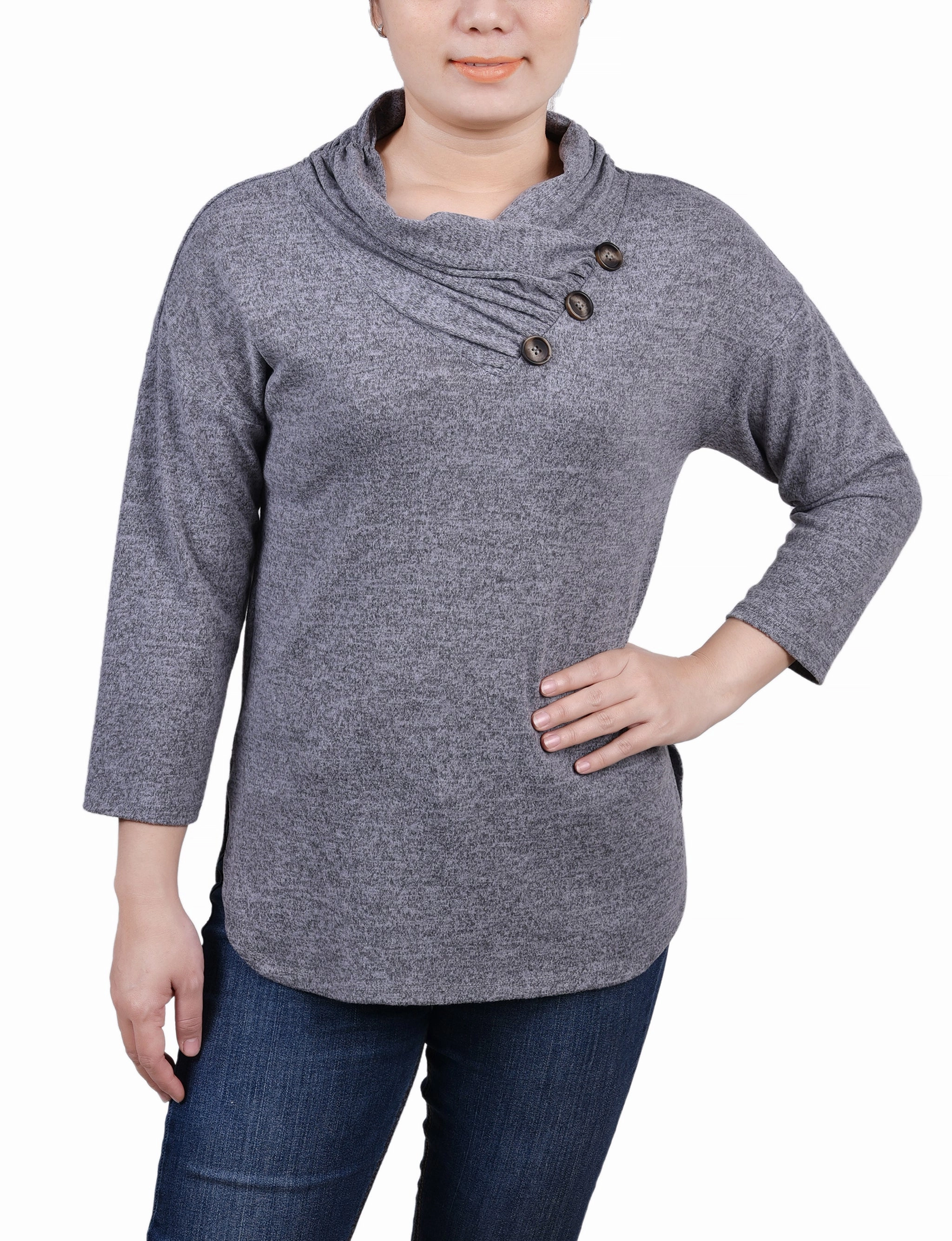Sporty Top RibbedNeckline Petite 3/4 Sleeve Crossover Cowl Neck Top